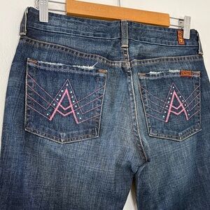 Y2K -7 For All Mankind Women's Flare Jeans with Pink Embroidered Back Pockets